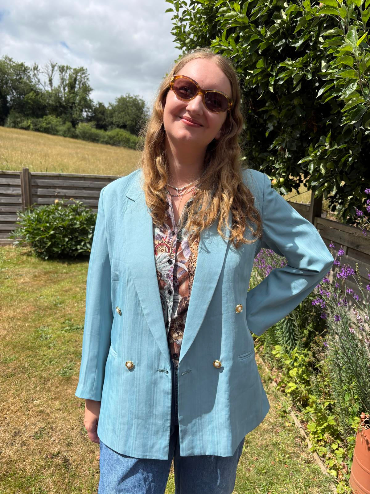 80s 90s Blue Gold Pearl Buttons Double Breasted Blazer Jacket