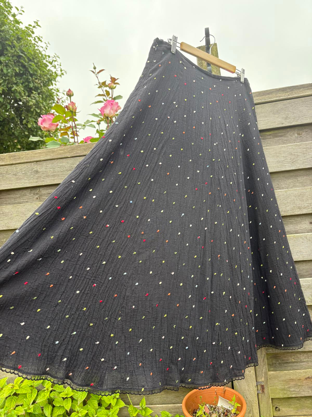 Caroline Charles London 100% Cotton Black Long Rainbow Polka Dot Skirt