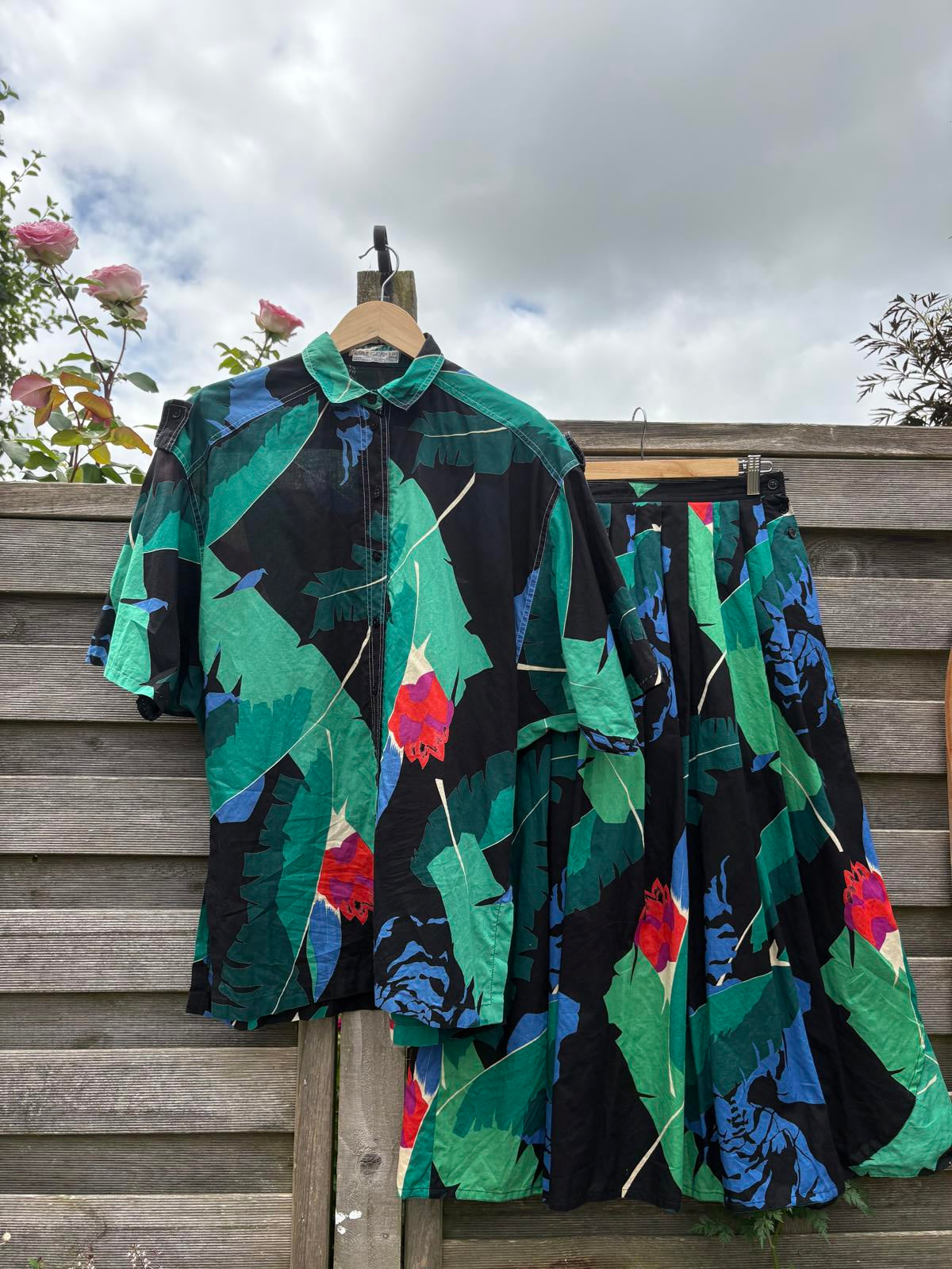 Jaegar 1980s Cotton Summer Shirt and Skirt Co-ord Set