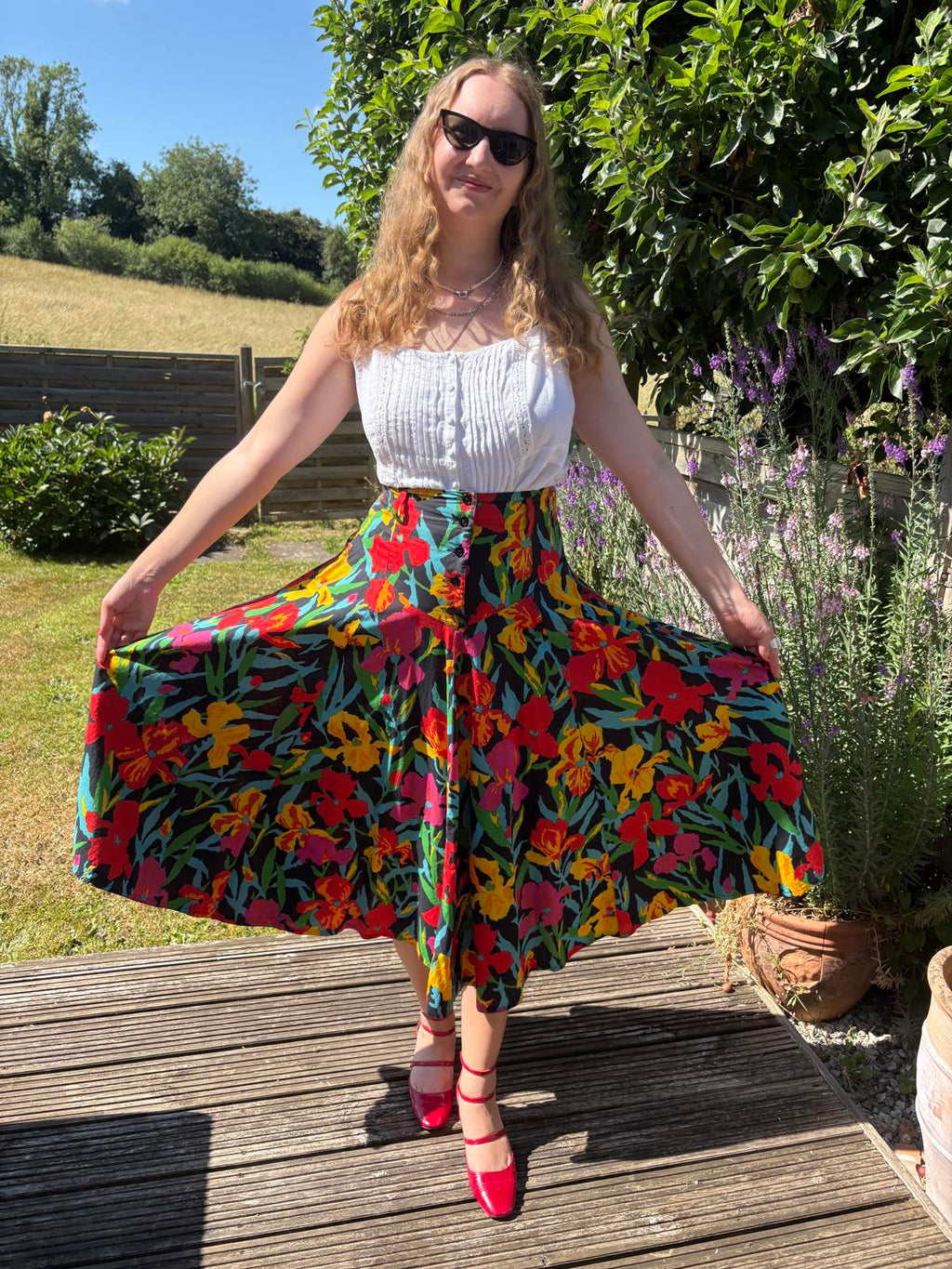 Mondi 80s Tropical Print Drop Waist Full Summer Skirt