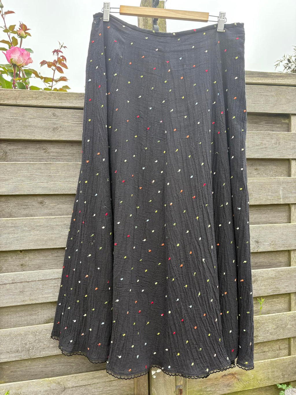 Caroline Charles London 100% Cotton Black Long Rainbow Polka Dot Skirt