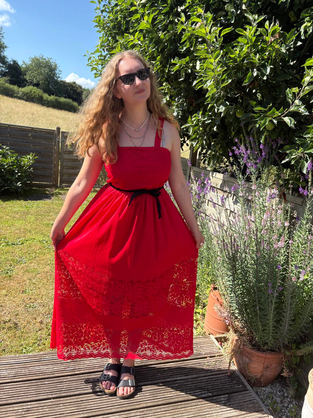 1970s Red Lace Ruffle Maxi Black Lace Tie Belt Dress