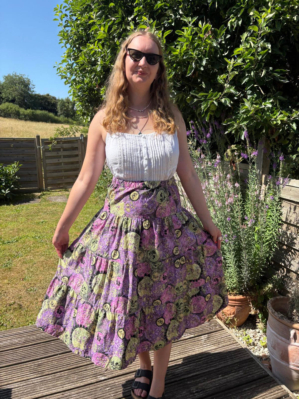 Purple Green 1970s Tiered Long Summer Floral Butterfly Skirt