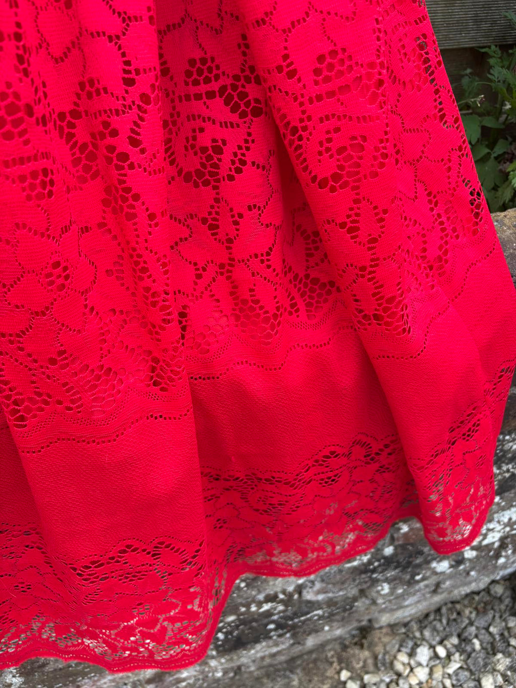 1970s Red Lace Ruffle Maxi Black Lace Tie Belt Dress