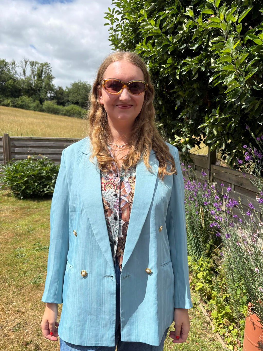 80s 90s Blue Gold Pearl Buttons Double Breasted Blazer Jacket