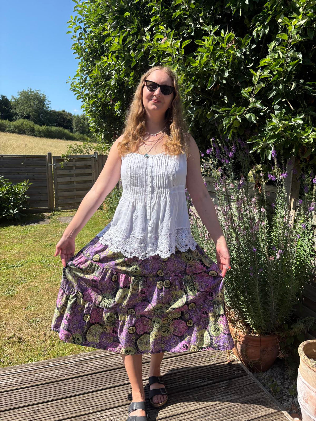 Purple Green 1970s Tiered Long Summer Floral Butterfly Skirt