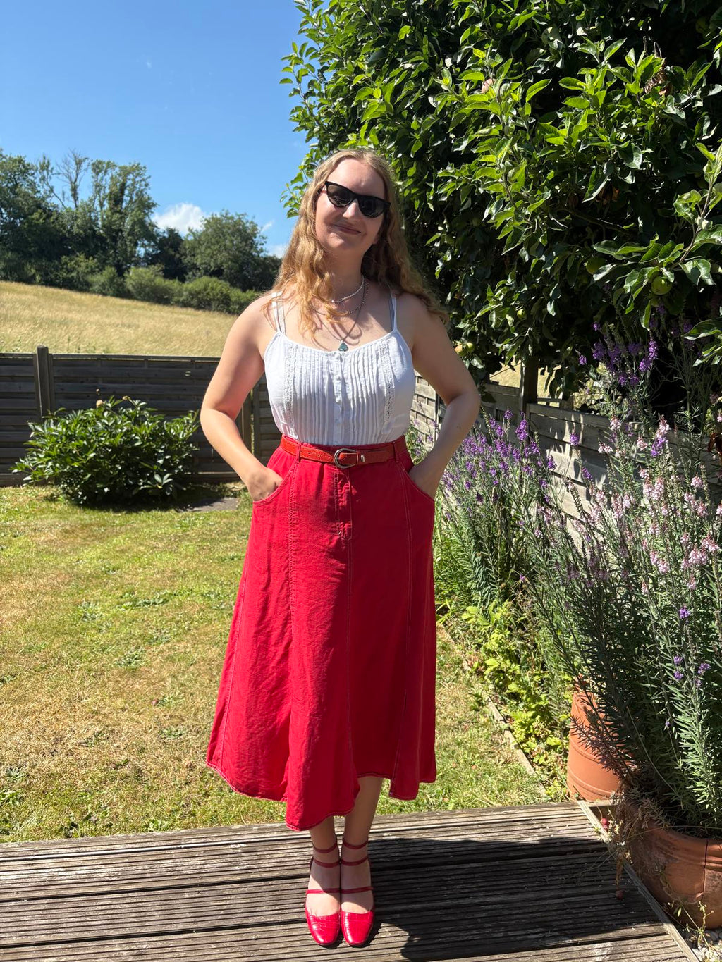 Red Italian Vintage Summer Midi Skirt With Pockets!