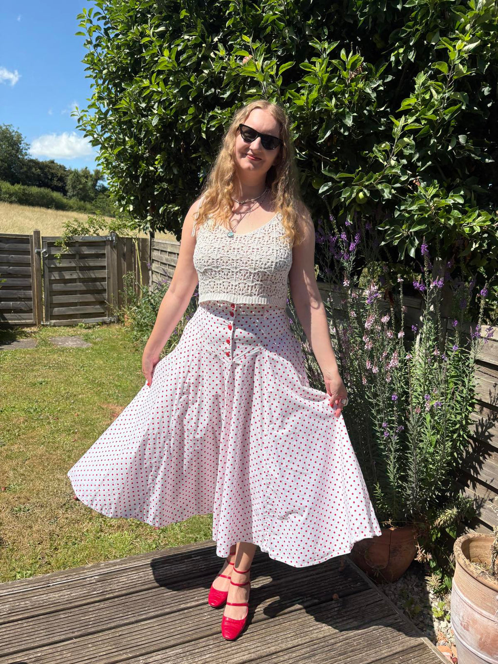 Mondi 80s Red White Polka Dot Cotton Drop Waist Full Summer Skirt