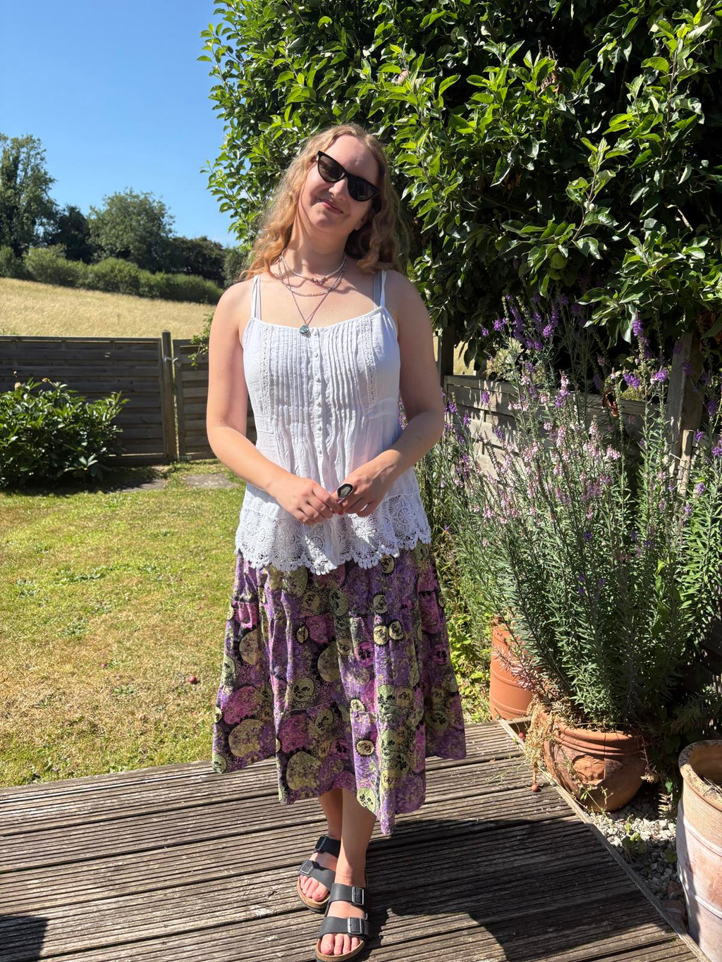 Purple Green 1970s Tiered Long Summer Floral Butterfly Skirt