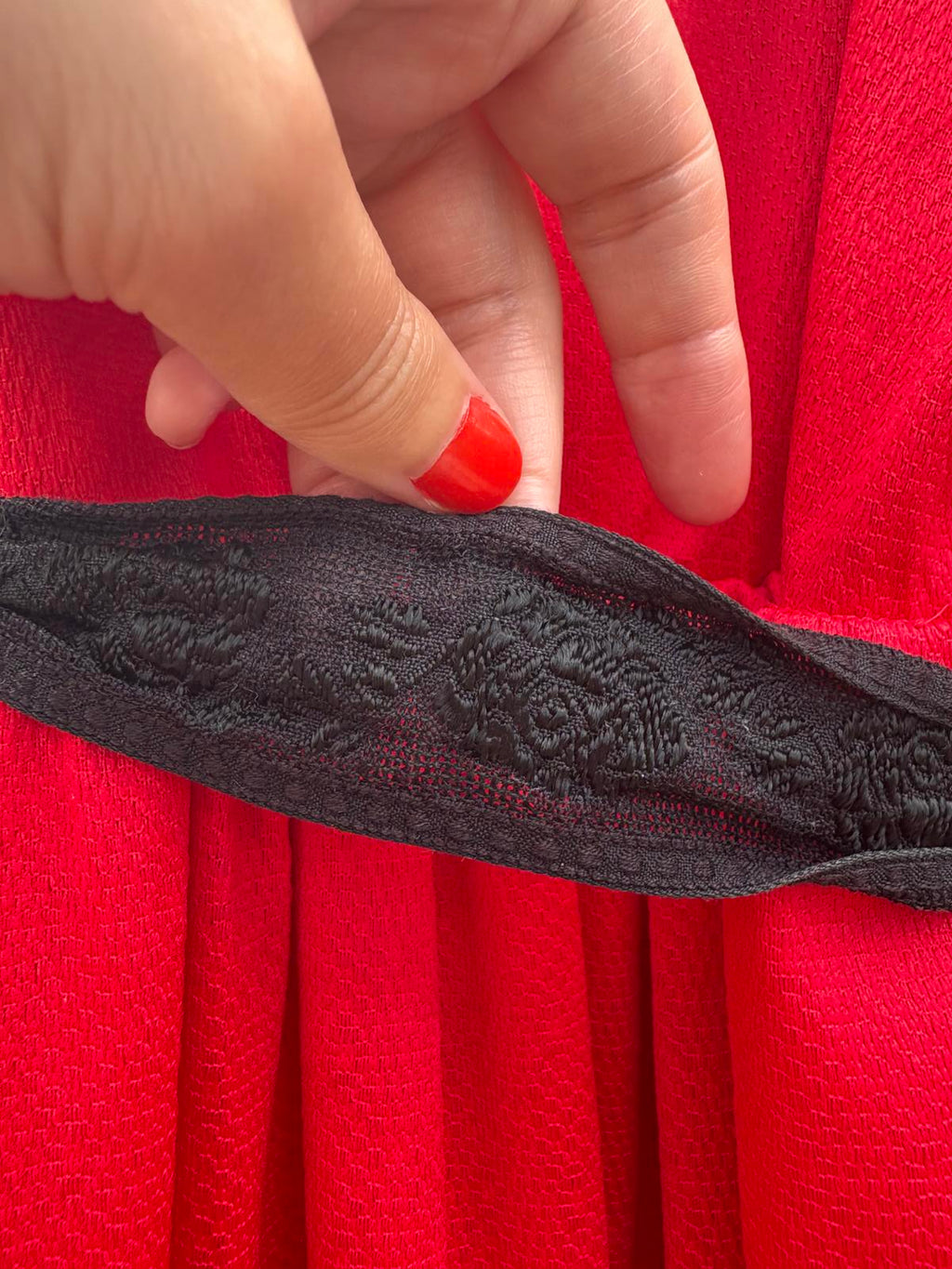 1970s Red Lace Ruffle Maxi Black Lace Tie Belt Dress