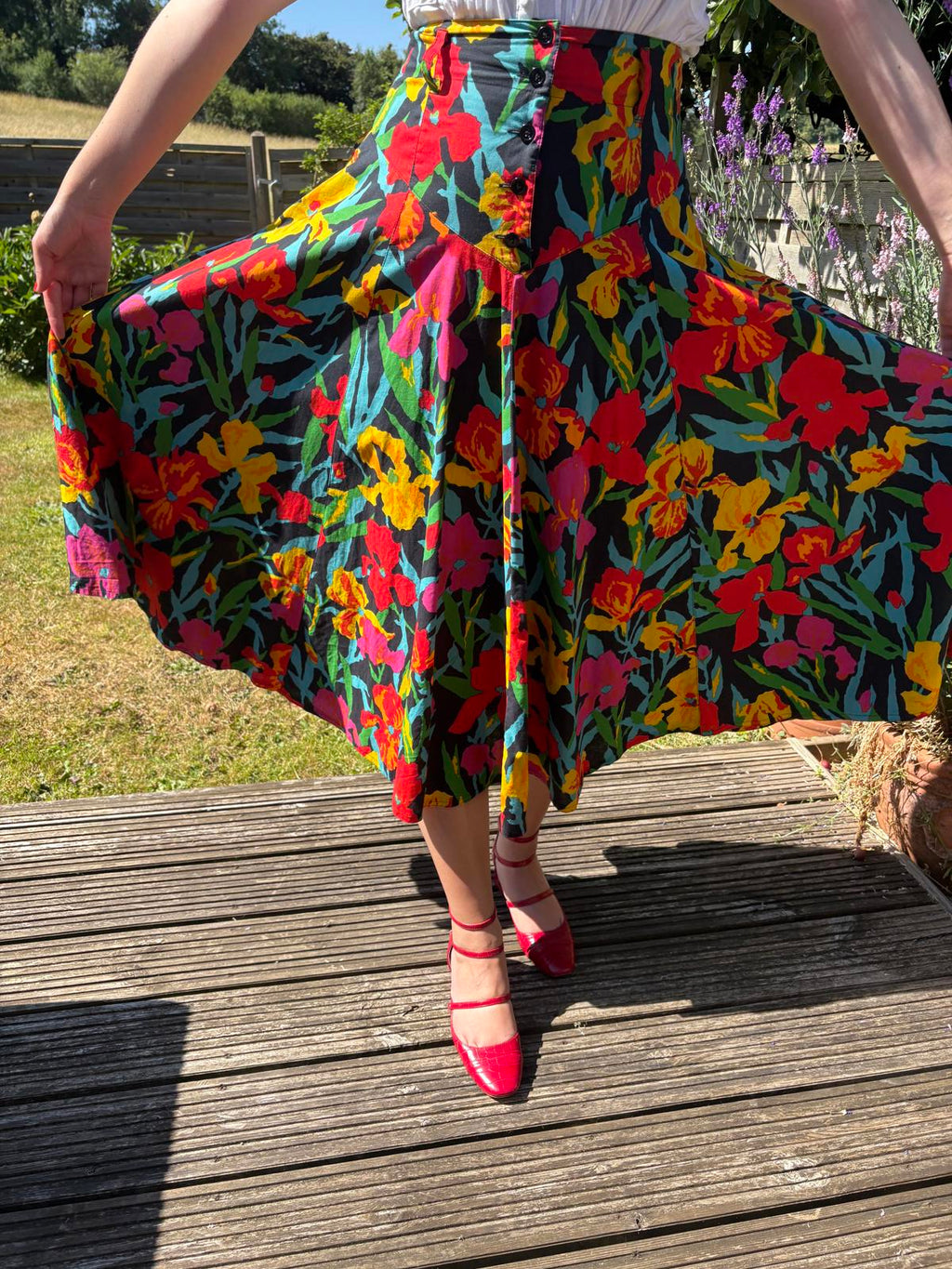 Mondi 80s Tropical Print Drop Waist Full Summer Skirt