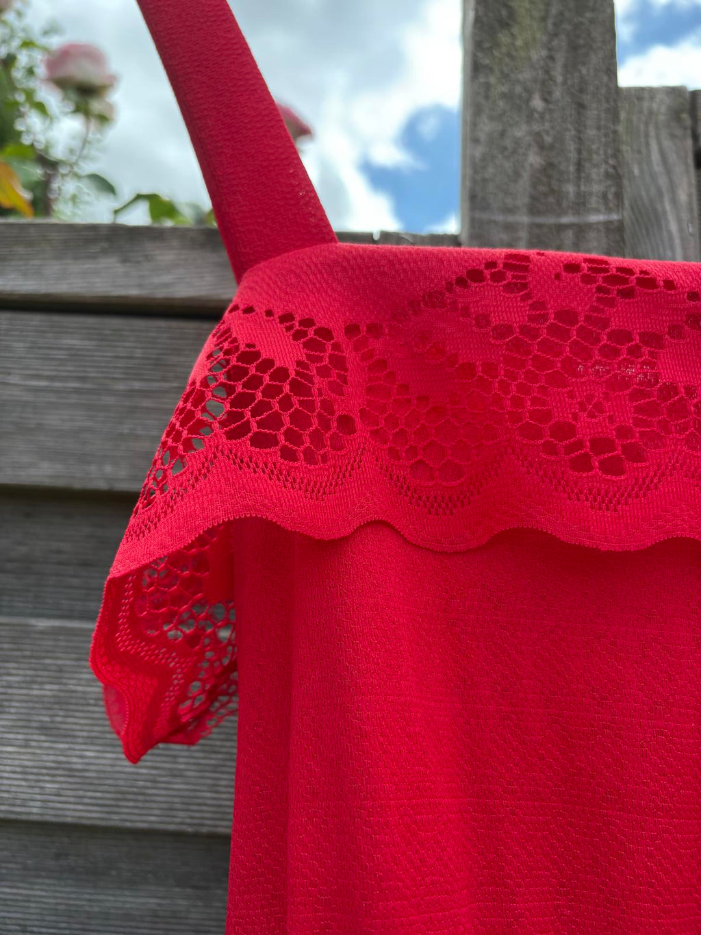 1970s Red Lace Ruffle Maxi Black Lace Tie Belt Dress