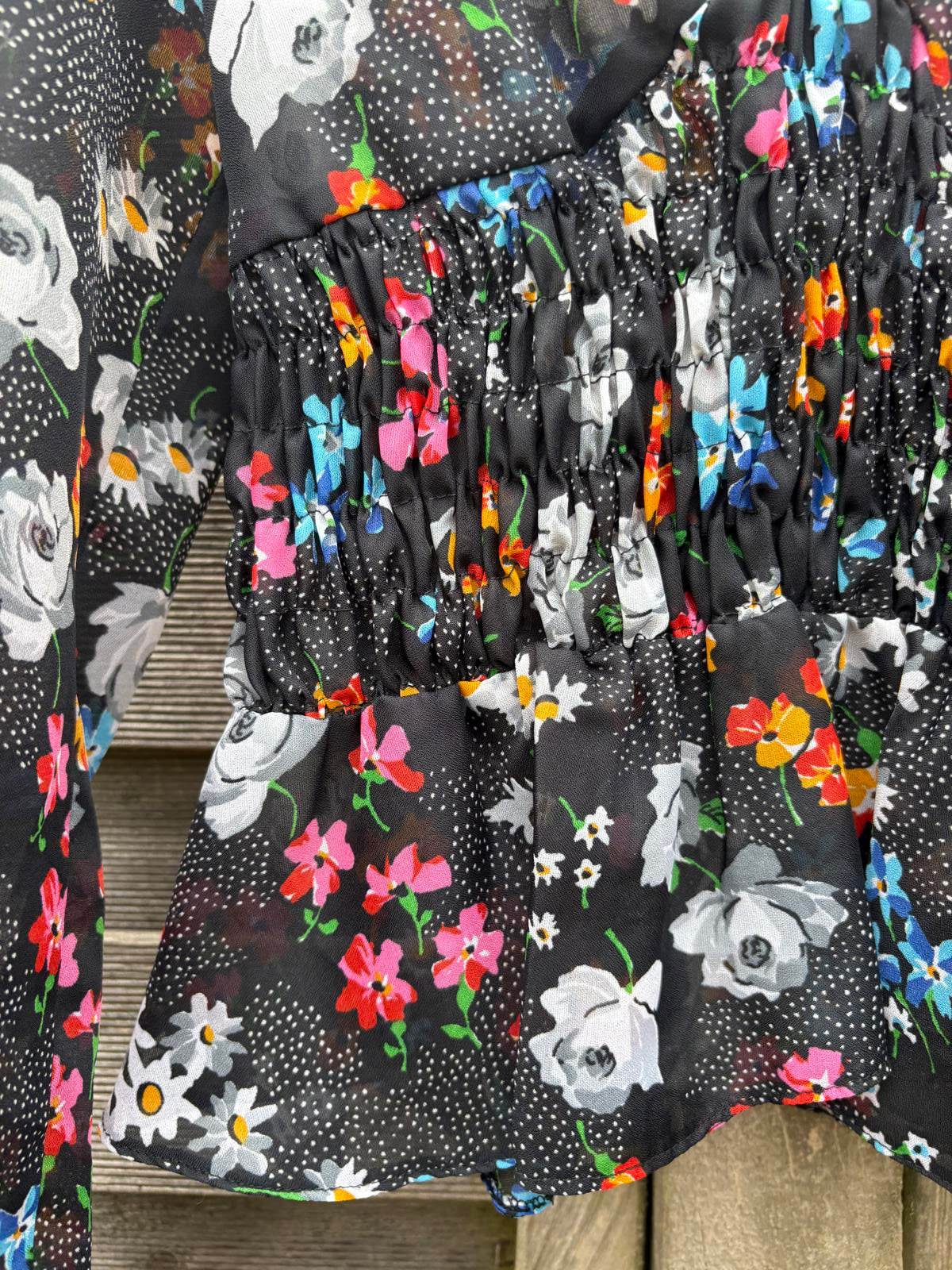 Mesh Sheer 1970s Floral Shirred Balloon Sleeve Top