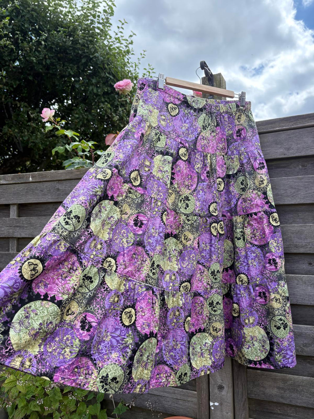 Purple Green 1970s Tiered Long Summer Floral Butterfly Skirt