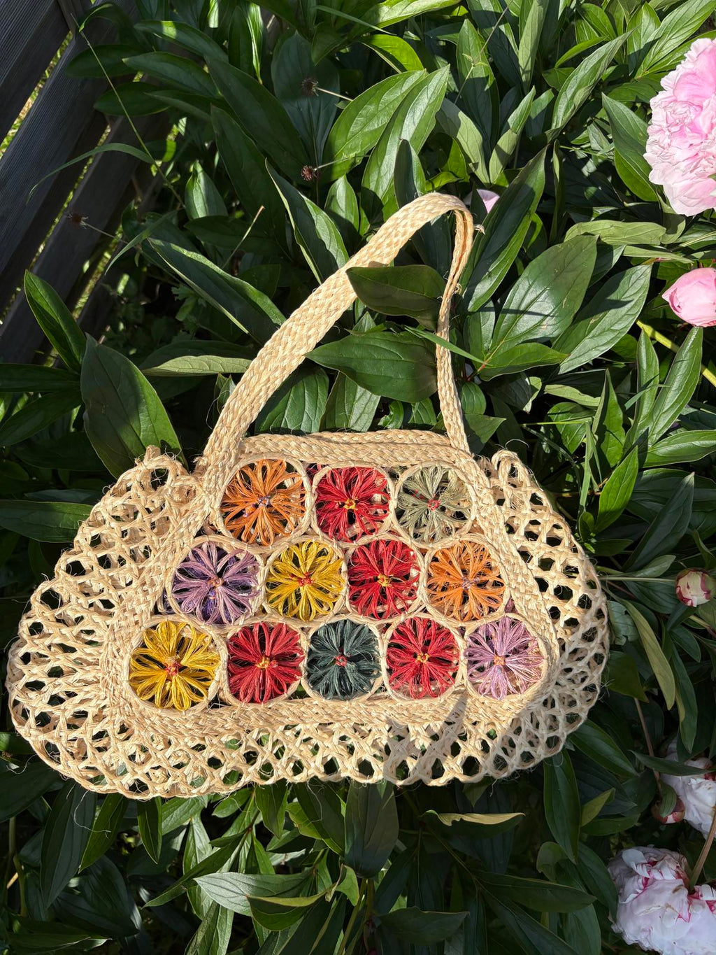 1970s Raffia Straw Floral Colourful Small Shoulder Beach Bag