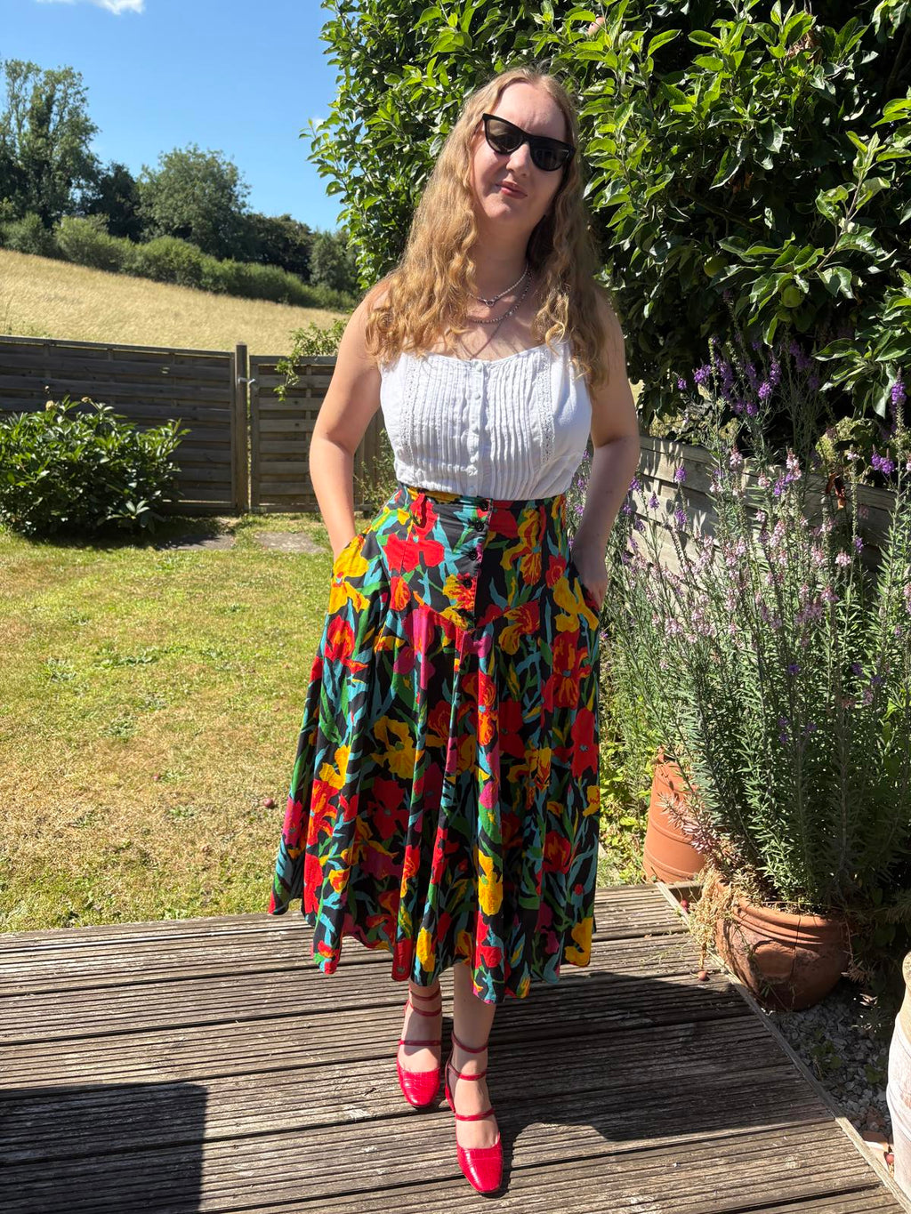 Mondi 80s Tropical Print Drop Waist Full Summer Skirt