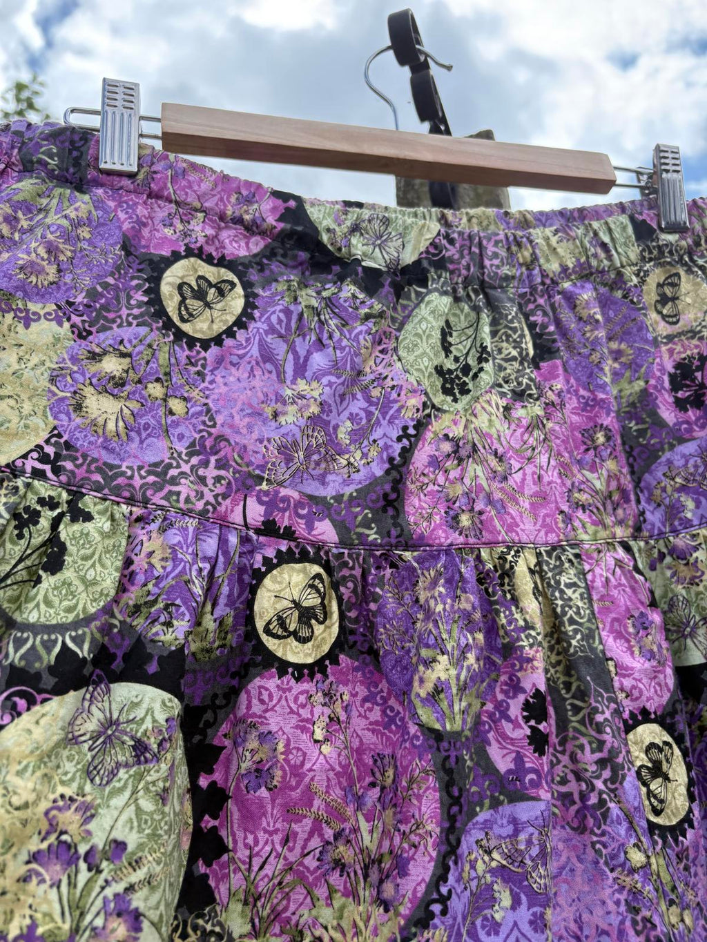 Purple Green 1970s Tiered Long Summer Floral Butterfly Skirt