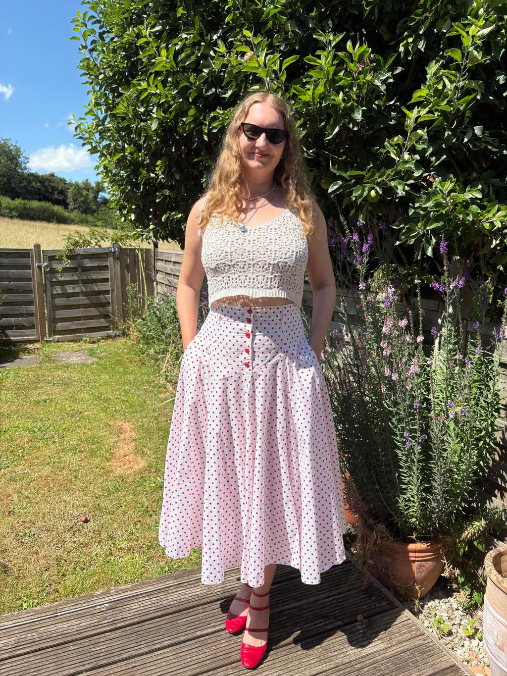 Mondi 80s Red White Polka Dot Cotton Drop Waist Full Summer Skirt