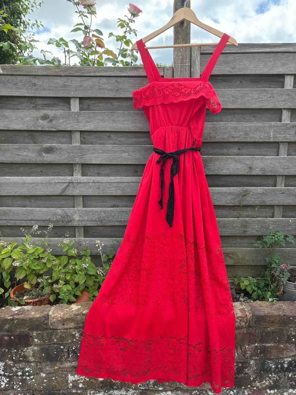 1970s Red Lace Ruffle Maxi Black Lace Tie Belt Dress