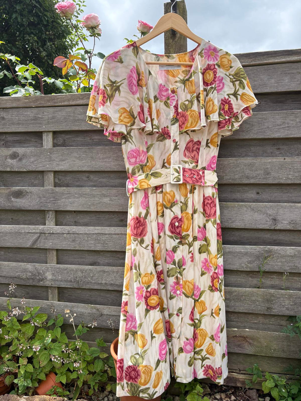St Michael M&S Cape Sleeve Floaty Summer Floral Dress Belt Size 10