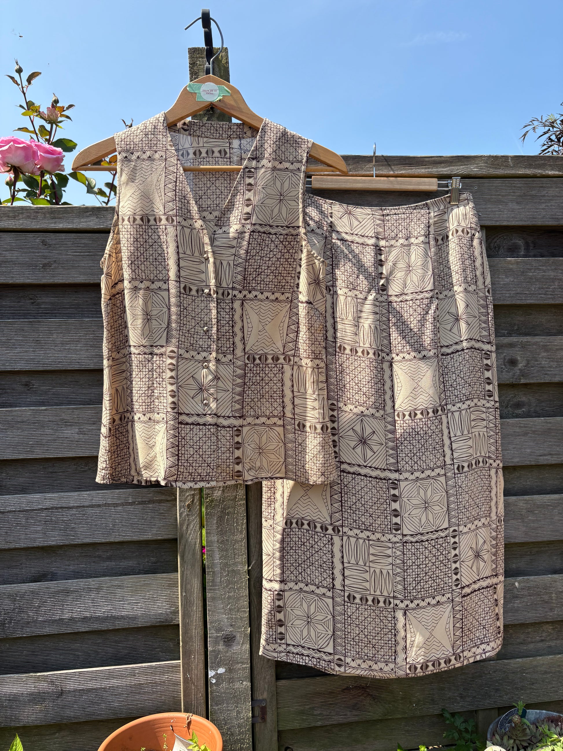 Vintage 90s Kaliko 100% Silk Geometric Beige and Brown Co-ord
