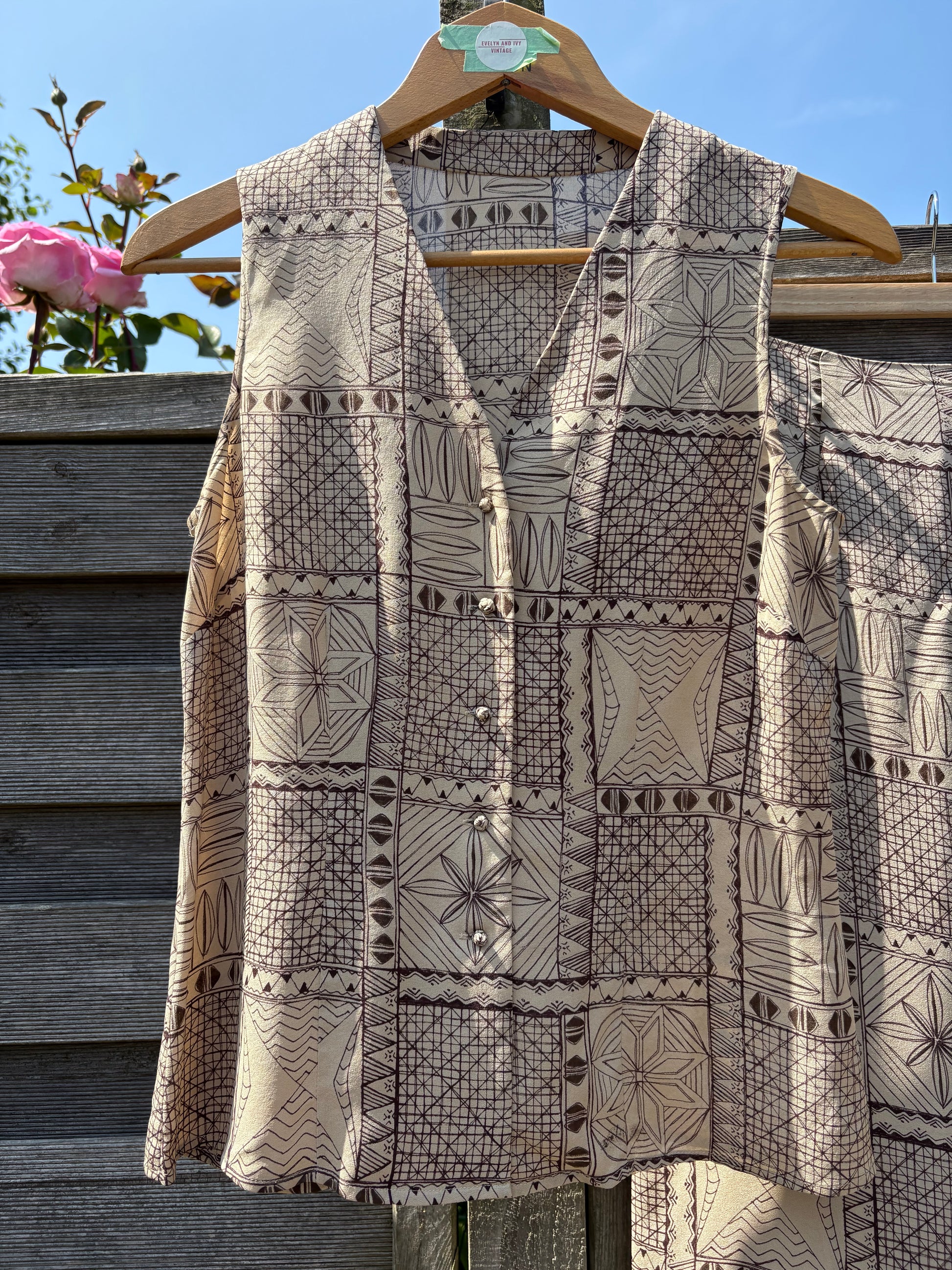 Vintage 90s Kaliko 100% Silk Geometric Beige and Brown Co-ord