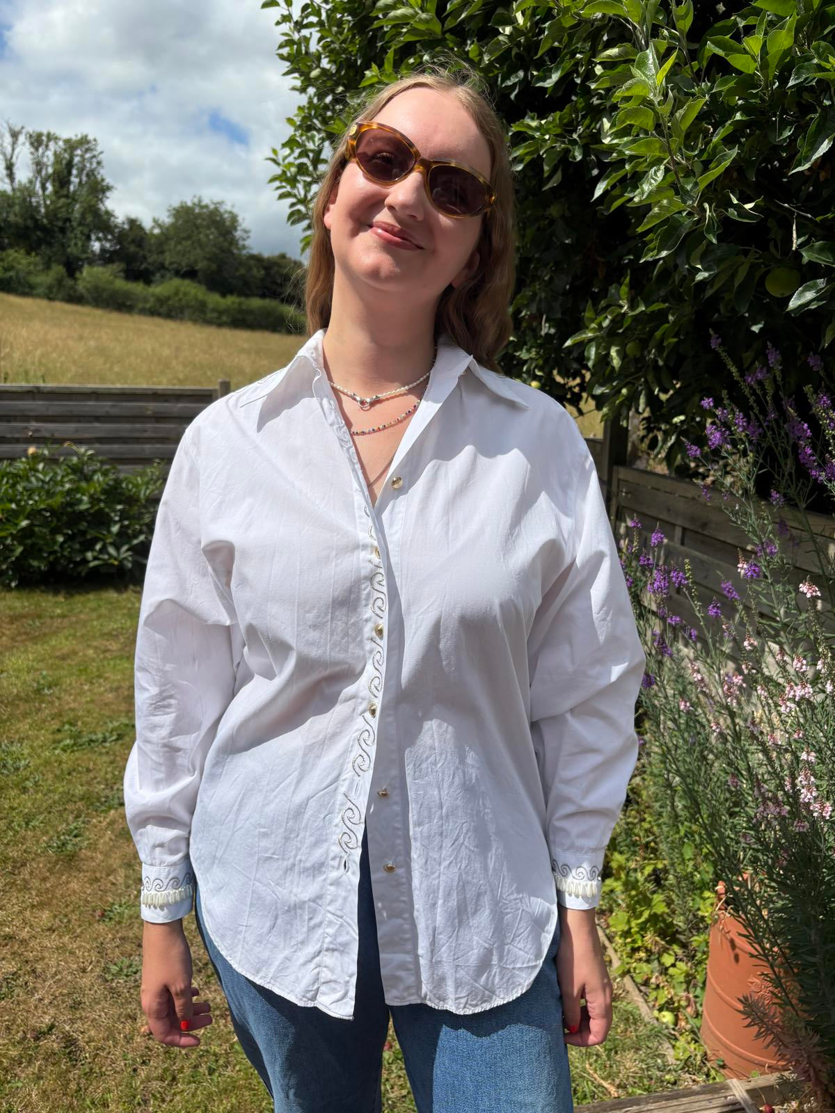 Vintage 1980s Sea Theme Fish Shell Embroidered Summer Shirt Pearls