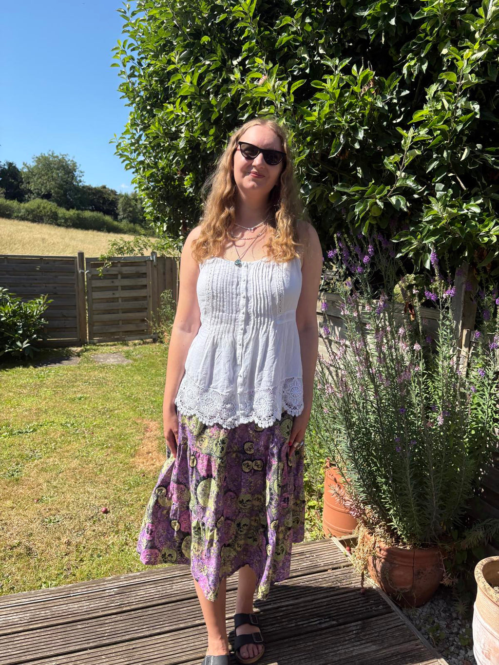 Purple Green 1970s Tiered Long Summer Floral Butterfly Skirt