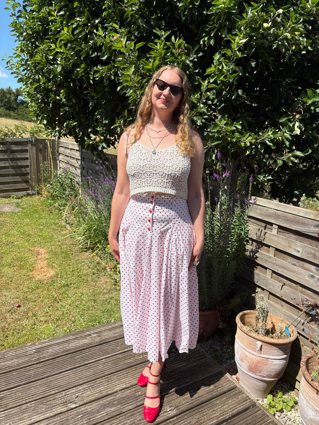 Mondi 80s Red White Polka Dot Cotton Drop Waist Full Summer Skirt