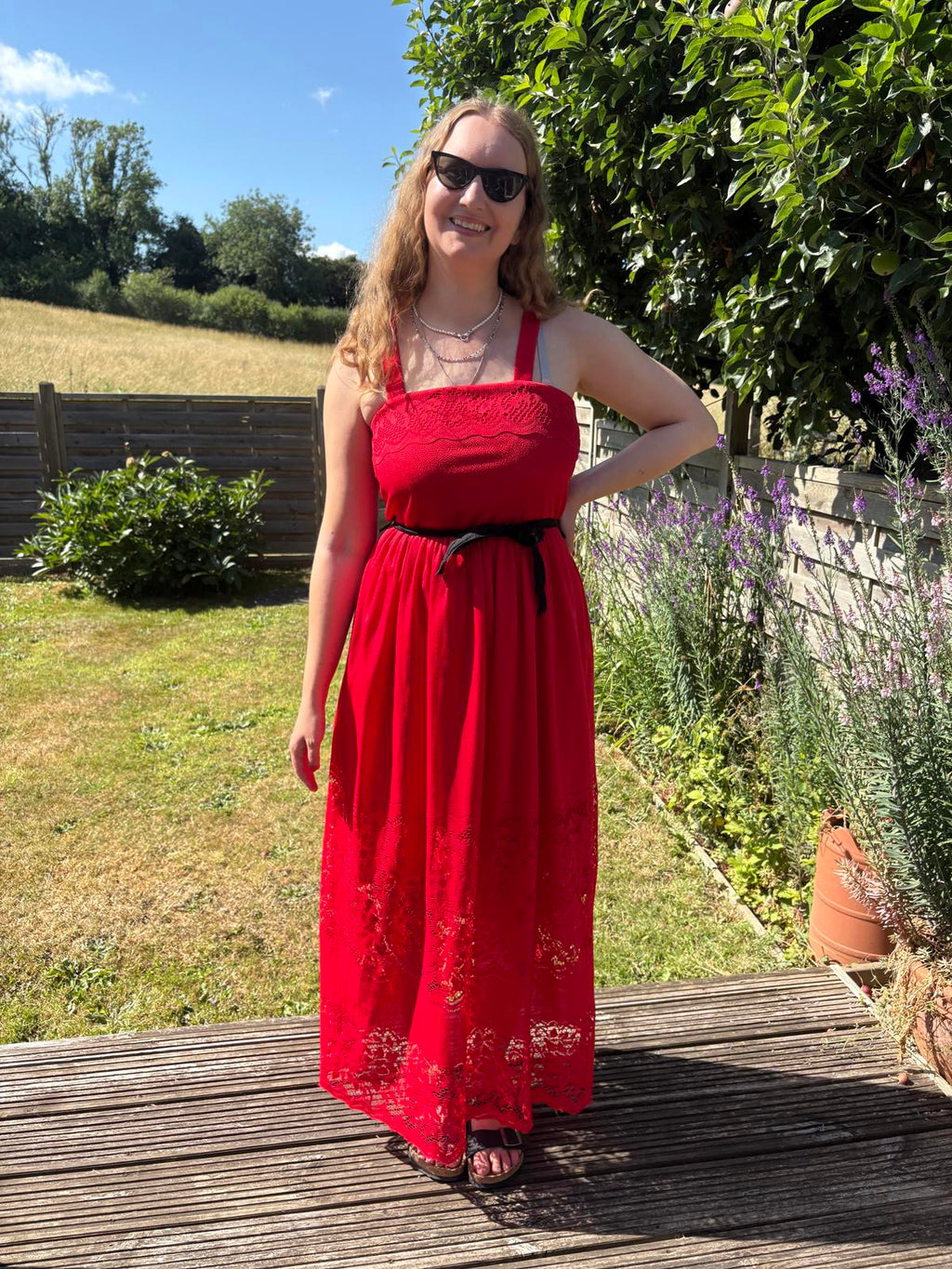 1970s Red Lace Ruffle Maxi Black Lace Tie Belt Dress