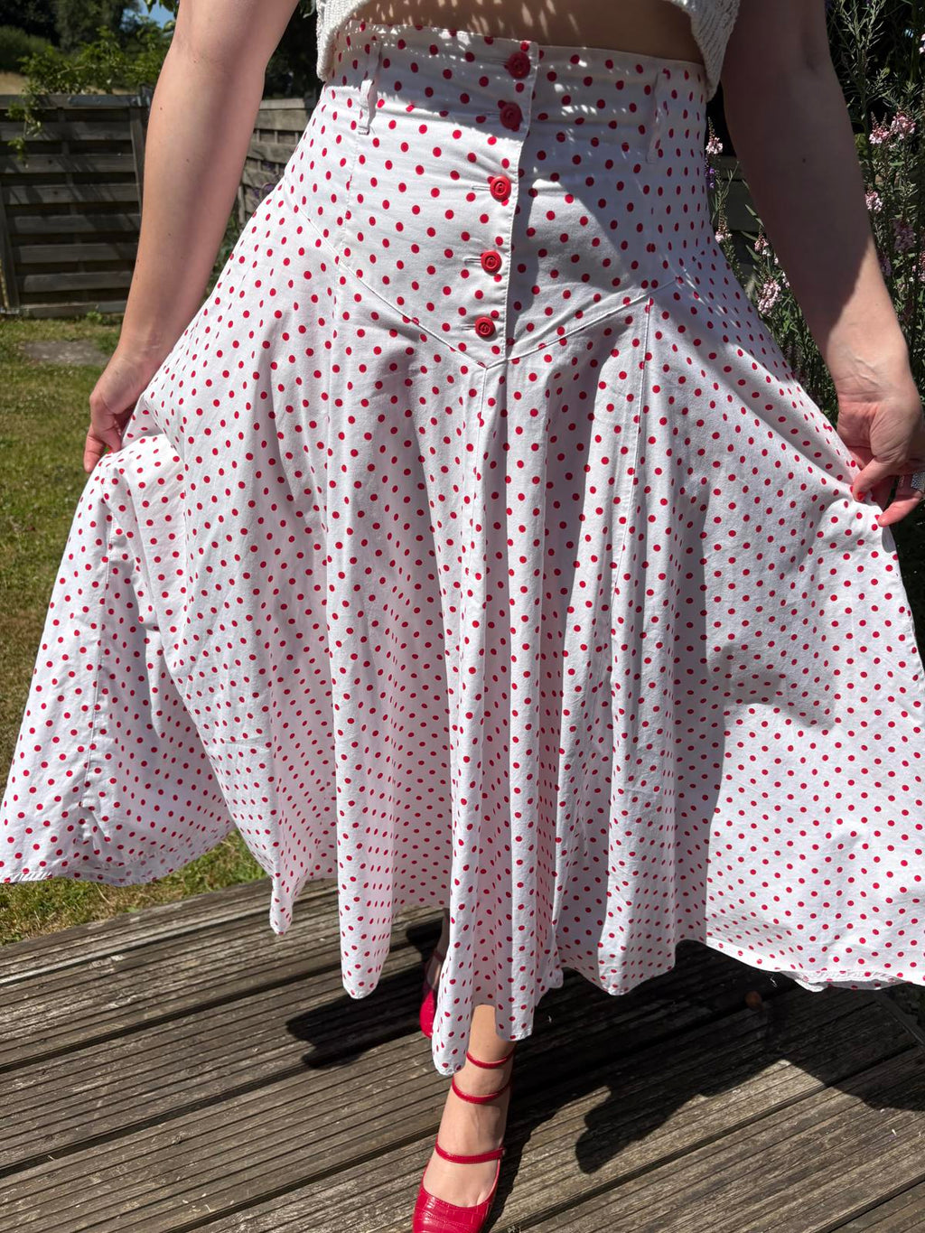 Mondi 80s Red White Polka Dot Cotton Drop Waist Full Summer Skirt
