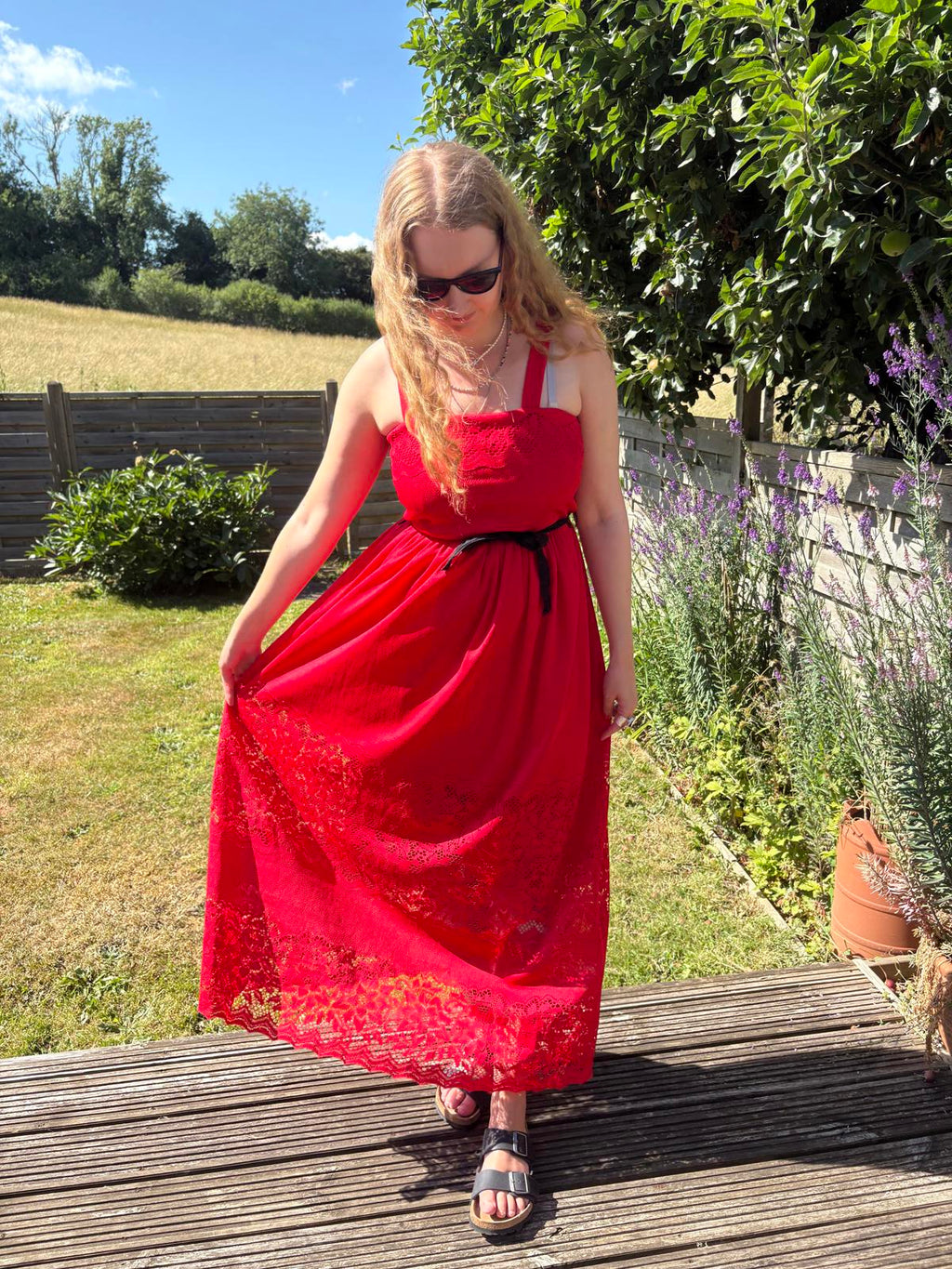 1970s Red Lace Ruffle Maxi Black Lace Tie Belt Dress