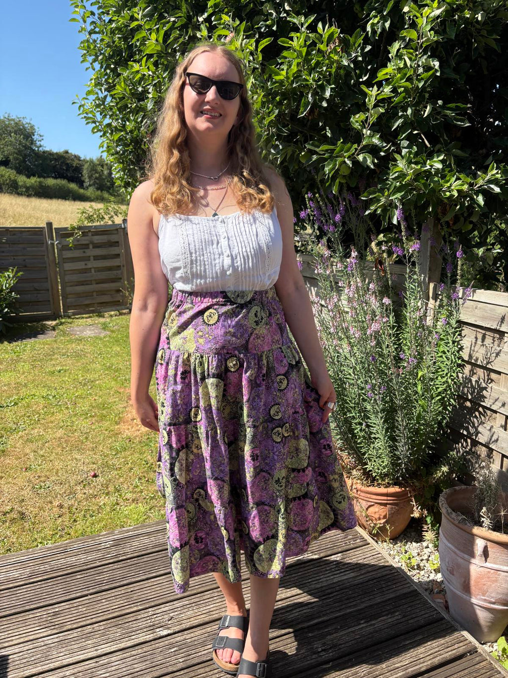 Purple Green 1970s Tiered Long Summer Floral Butterfly Skirt