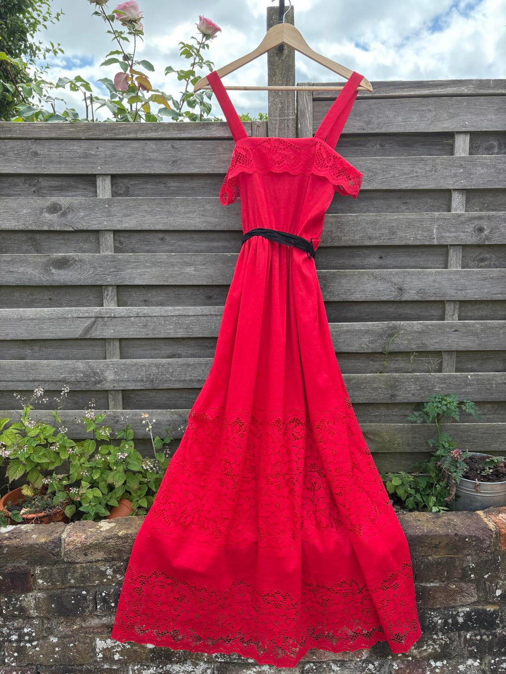 1970s Red Lace Ruffle Maxi Black Lace Tie Belt Dress