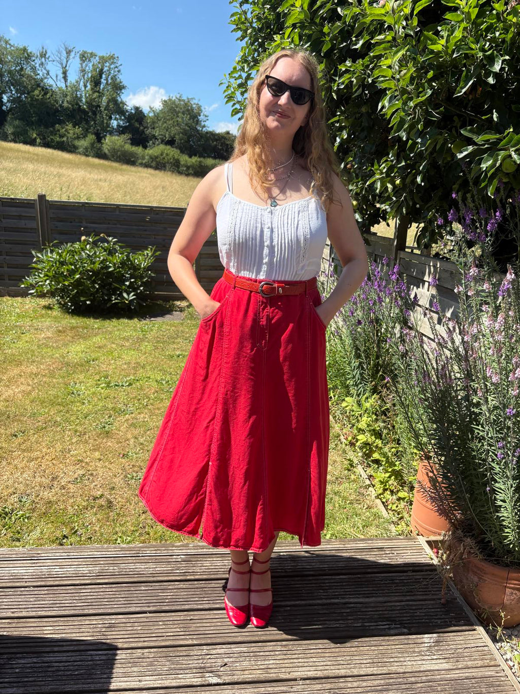 Red Italian Vintage Summer Midi Skirt With Pockets!
