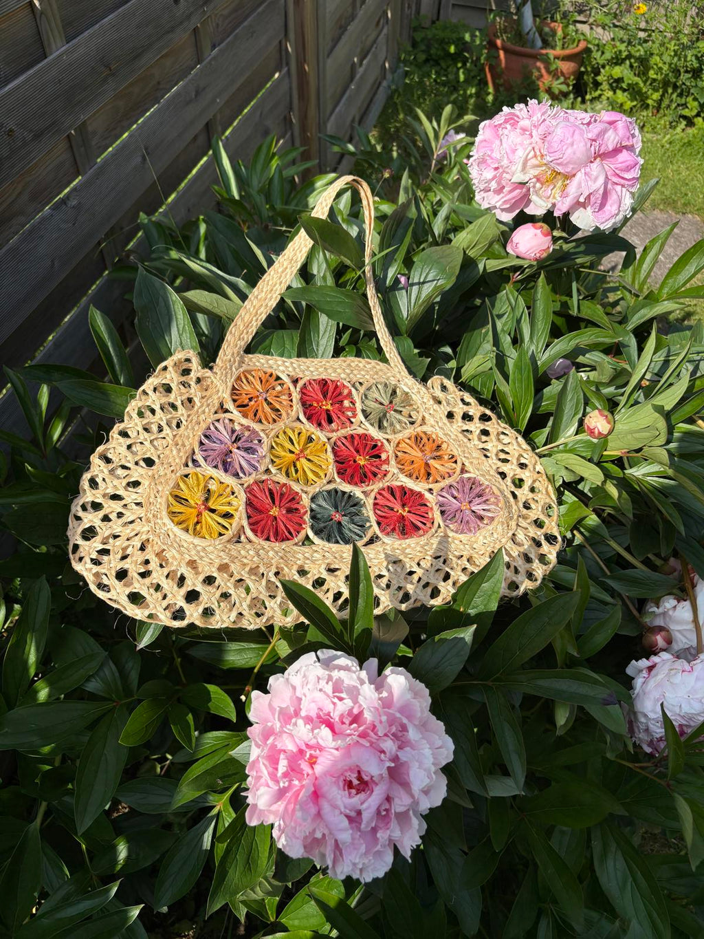 1970s Raffia Straw Floral Colourful Small Shoulder Beach Bag