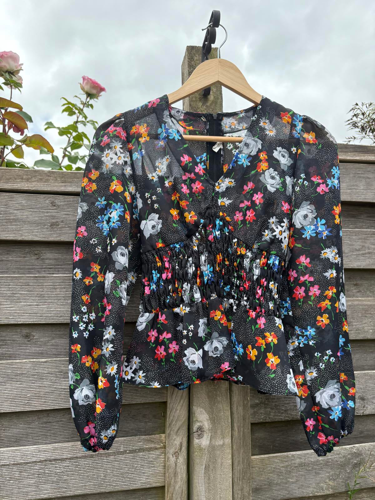 Mesh Sheer 1970s Floral Shirred Balloon Sleeve Top