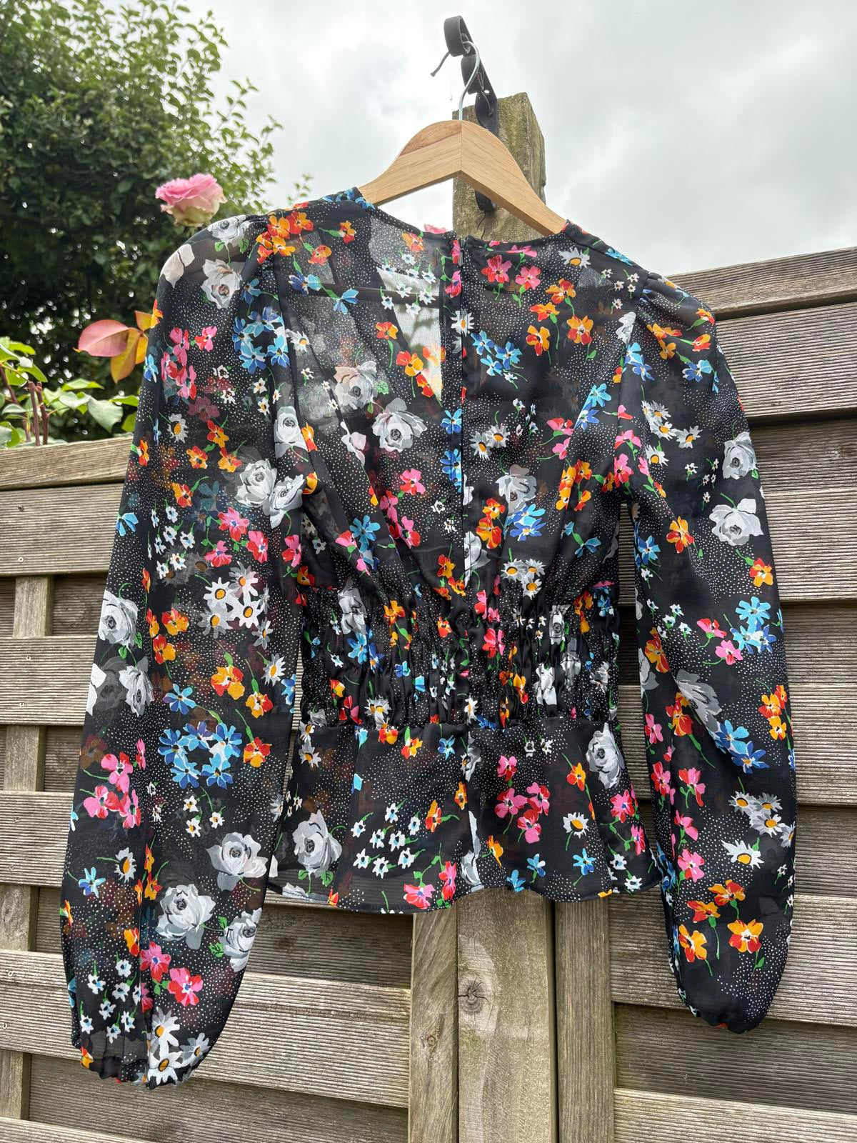 Mesh Sheer 1970s Floral Shirred Balloon Sleeve Top