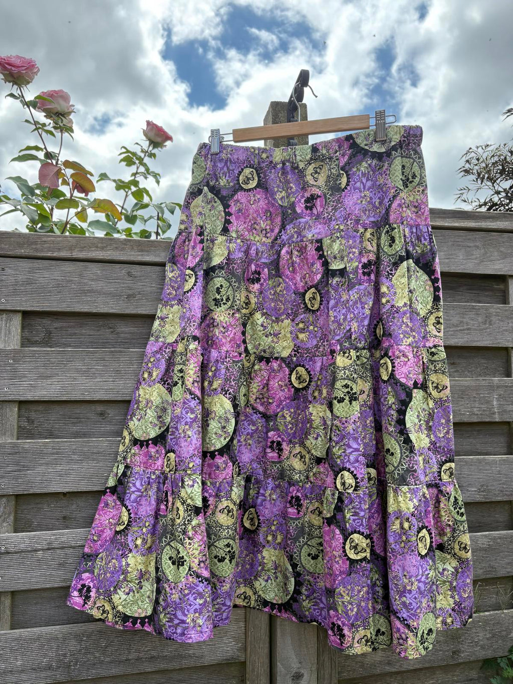Purple Green 1970s Tiered Long Summer Floral Butterfly Skirt