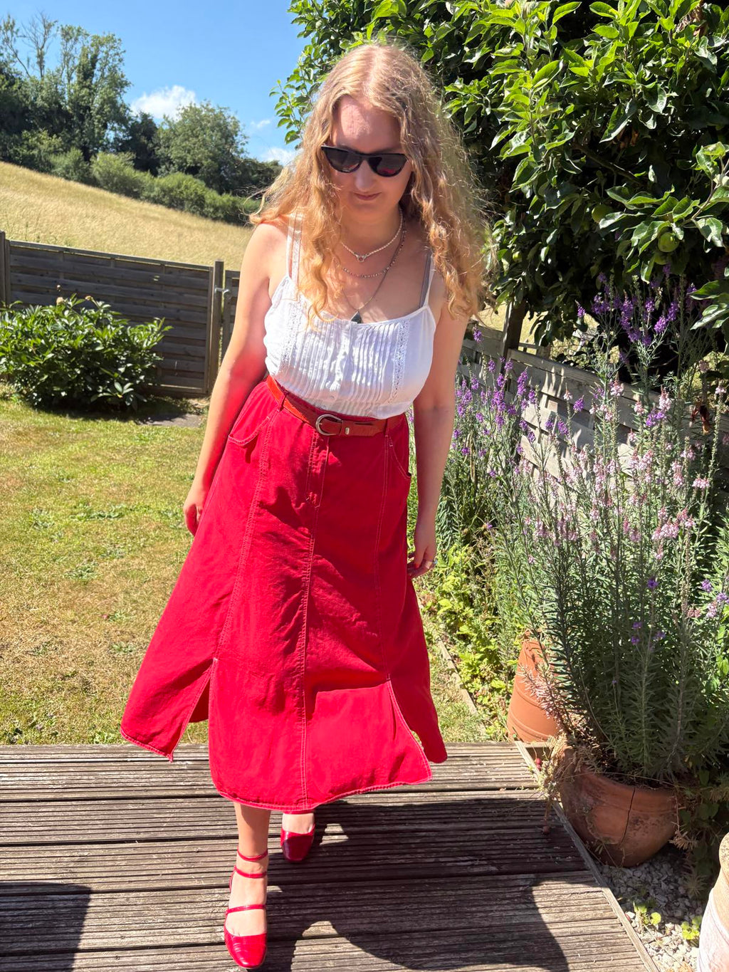 Red Italian Vintage Summer Midi Skirt With Pockets!