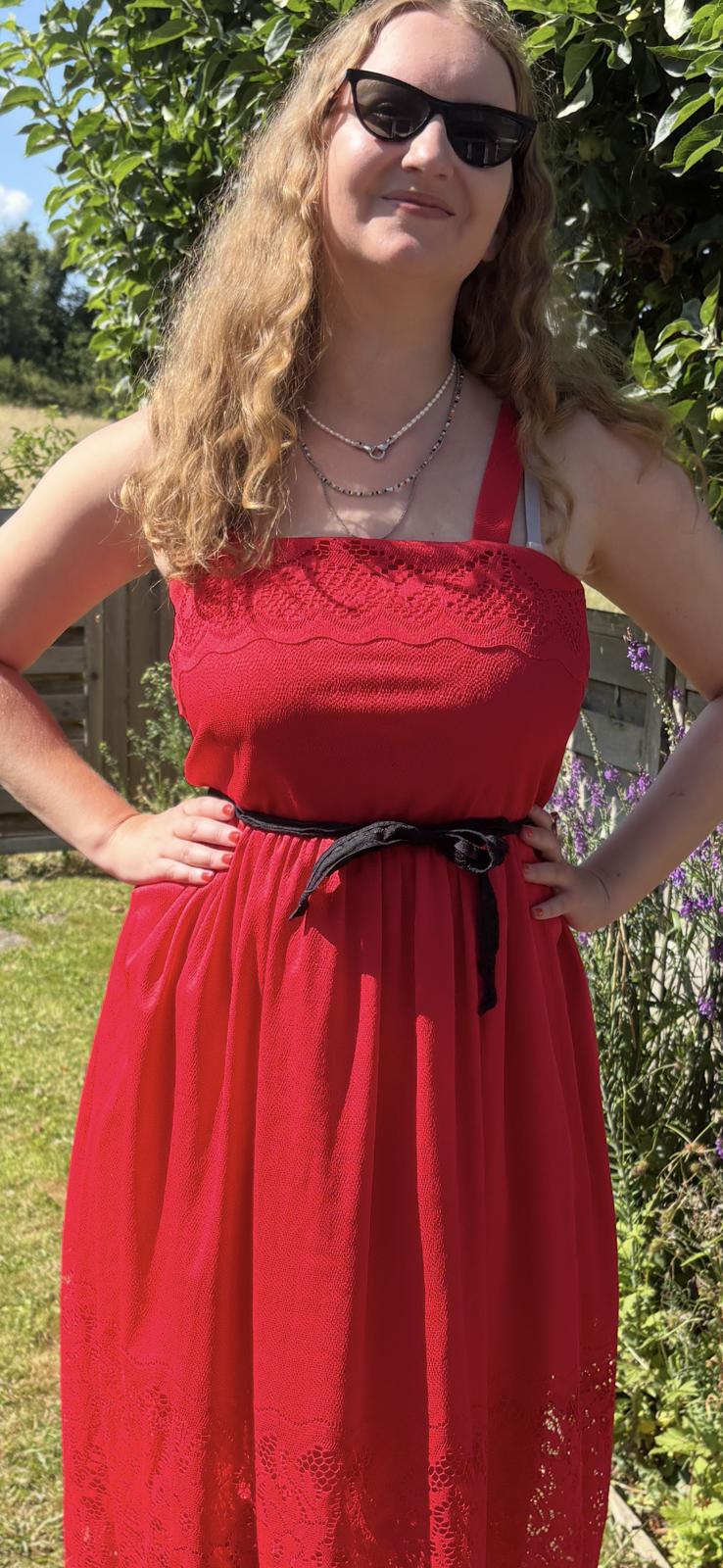 1970s Red Lace Ruffle Maxi Black Lace Tie Belt Dress