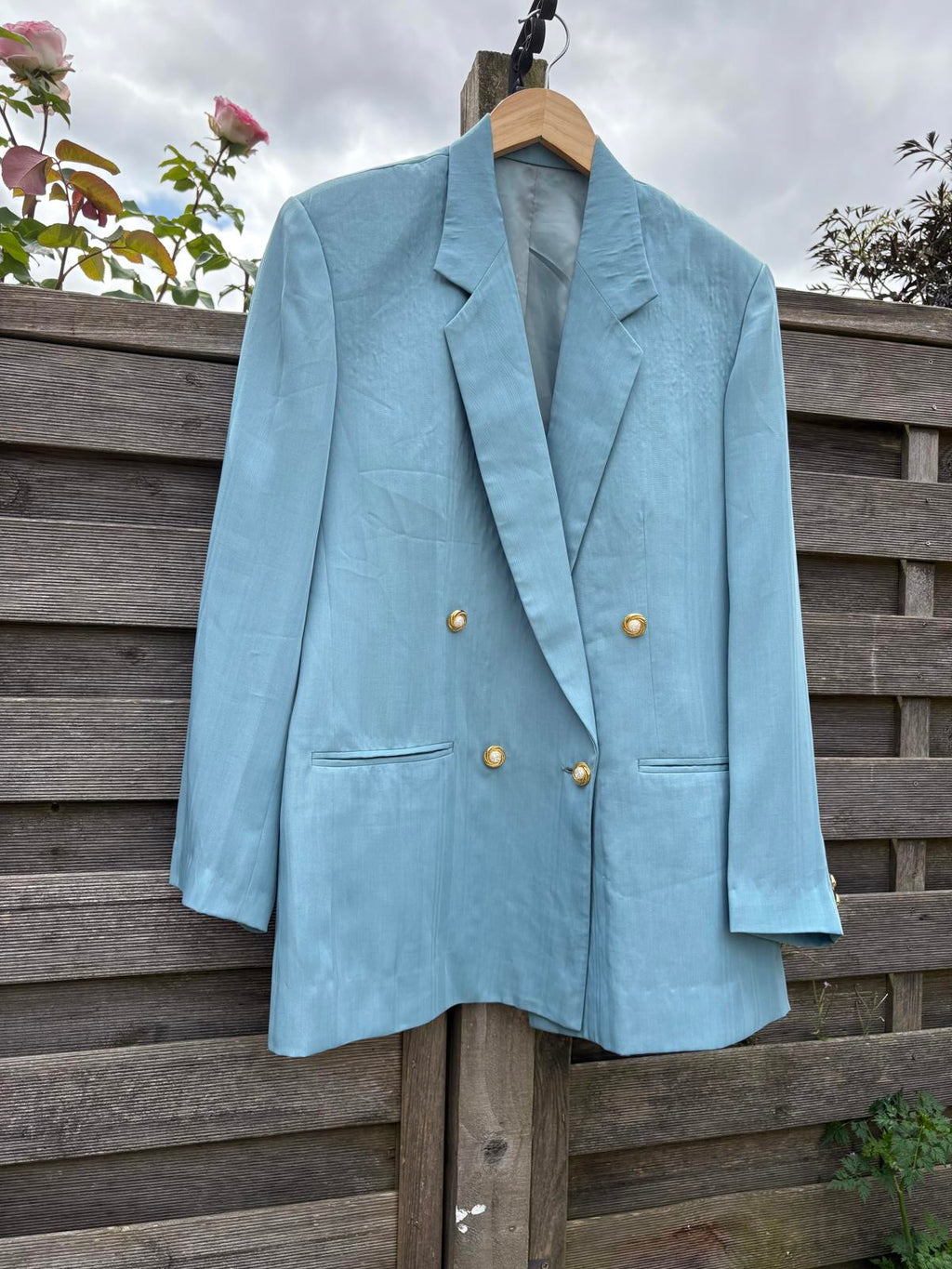 80s 90s Blue Gold Pearl Buttons Double Breasted Blazer Jacket